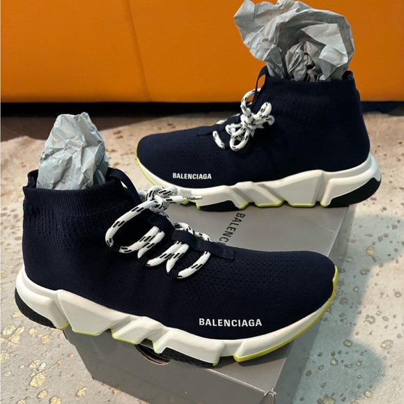 BALENCIAGA Speed Lace Up Knit Sock Marine Blue Logo High Top Trainers women’s 42 - Picture 5 of 7